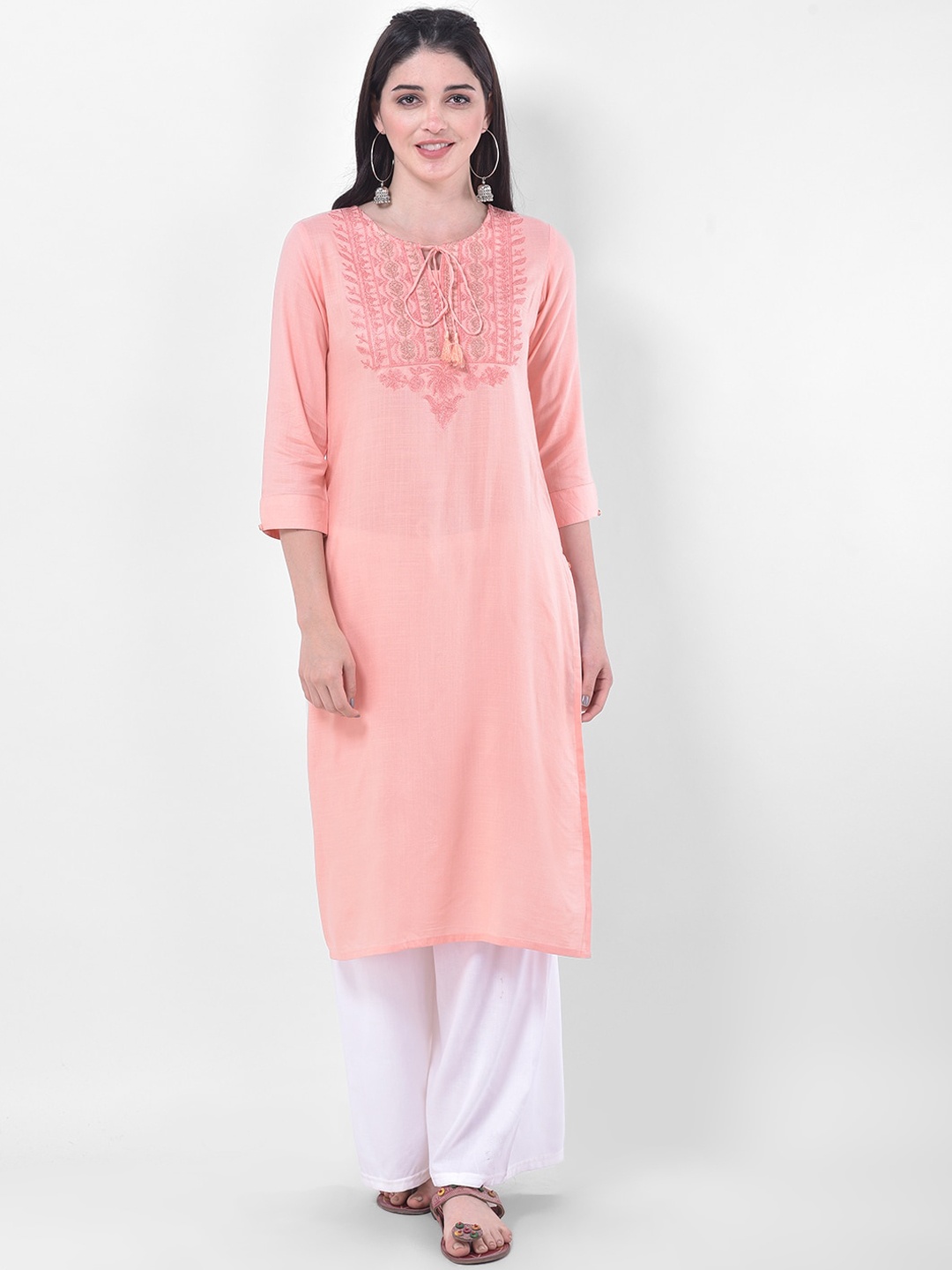 

Span Yoke Design Tie-Up Neck Thread Work Pure Cotton Kurta, Pink