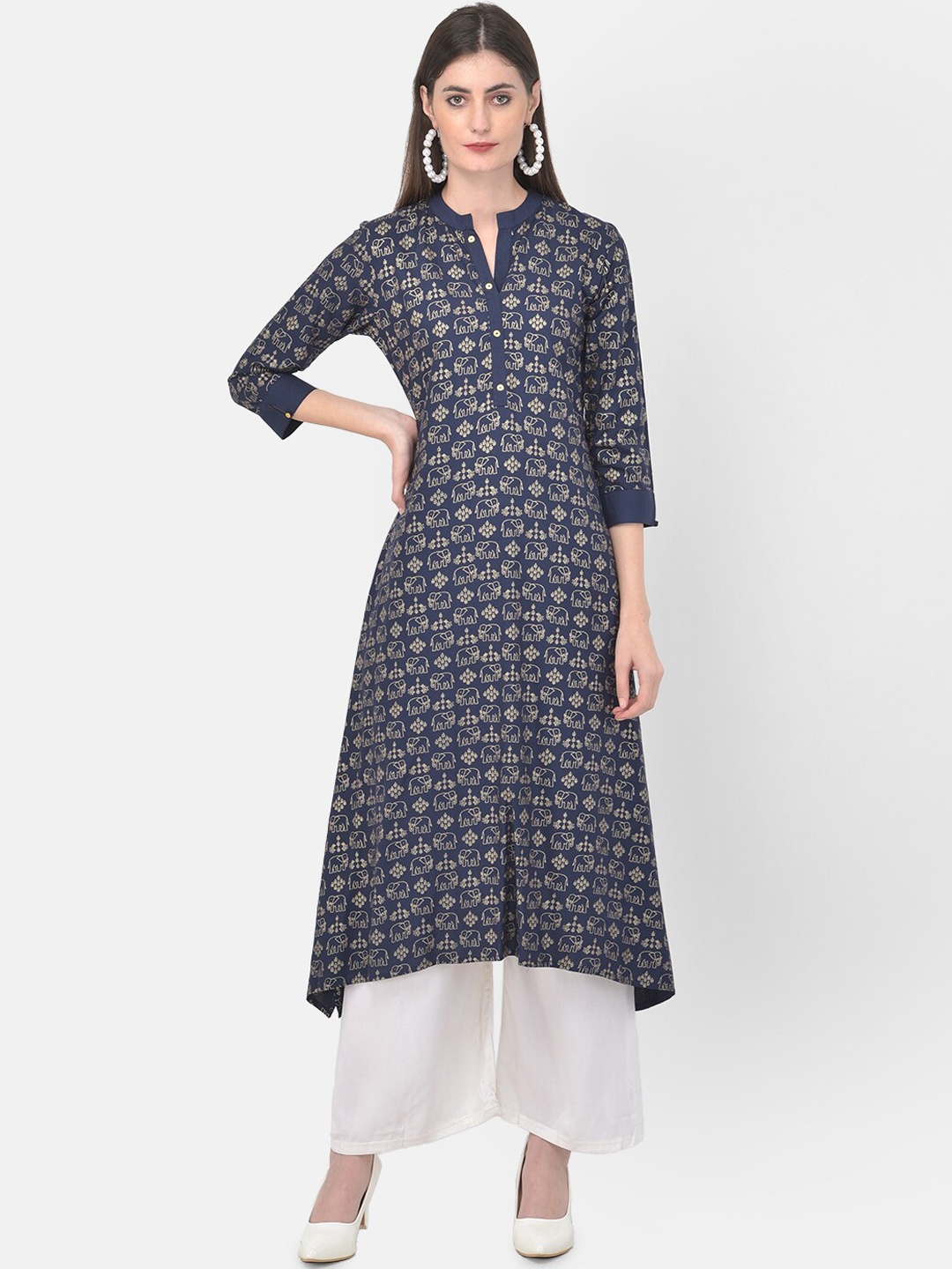 

Span Ethnic Motifs Printed Band Collar Cotton A-Line Kurta, Navy blue