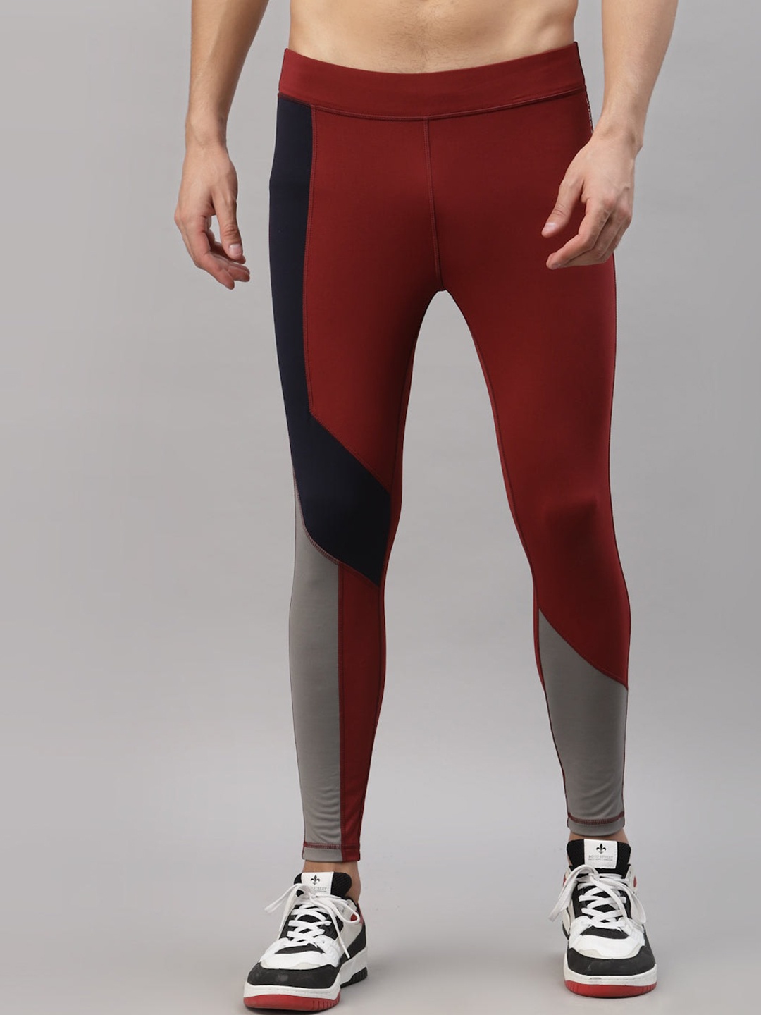 

JUMP USA Men Color-Blocked Rapid Dry-Fit Workout Tights, Maroon