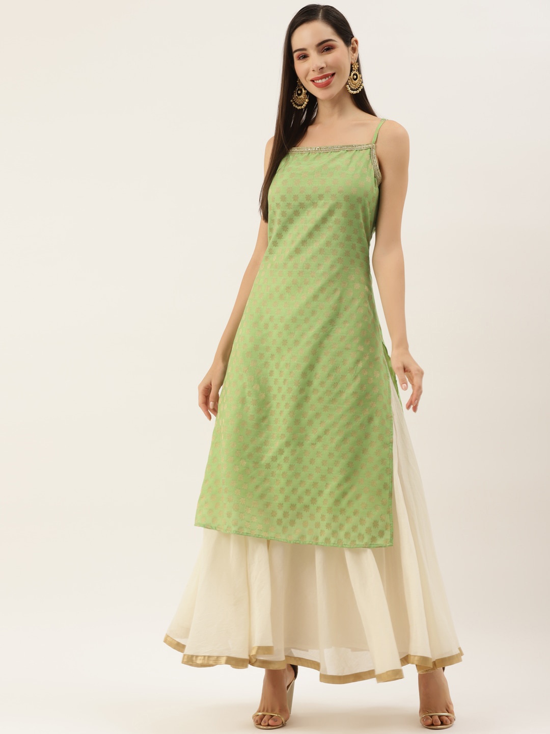 

DIVA WALK Shoulder Straps Ethnic Motifs Woven Design Jacquard Straight Kurta, Green