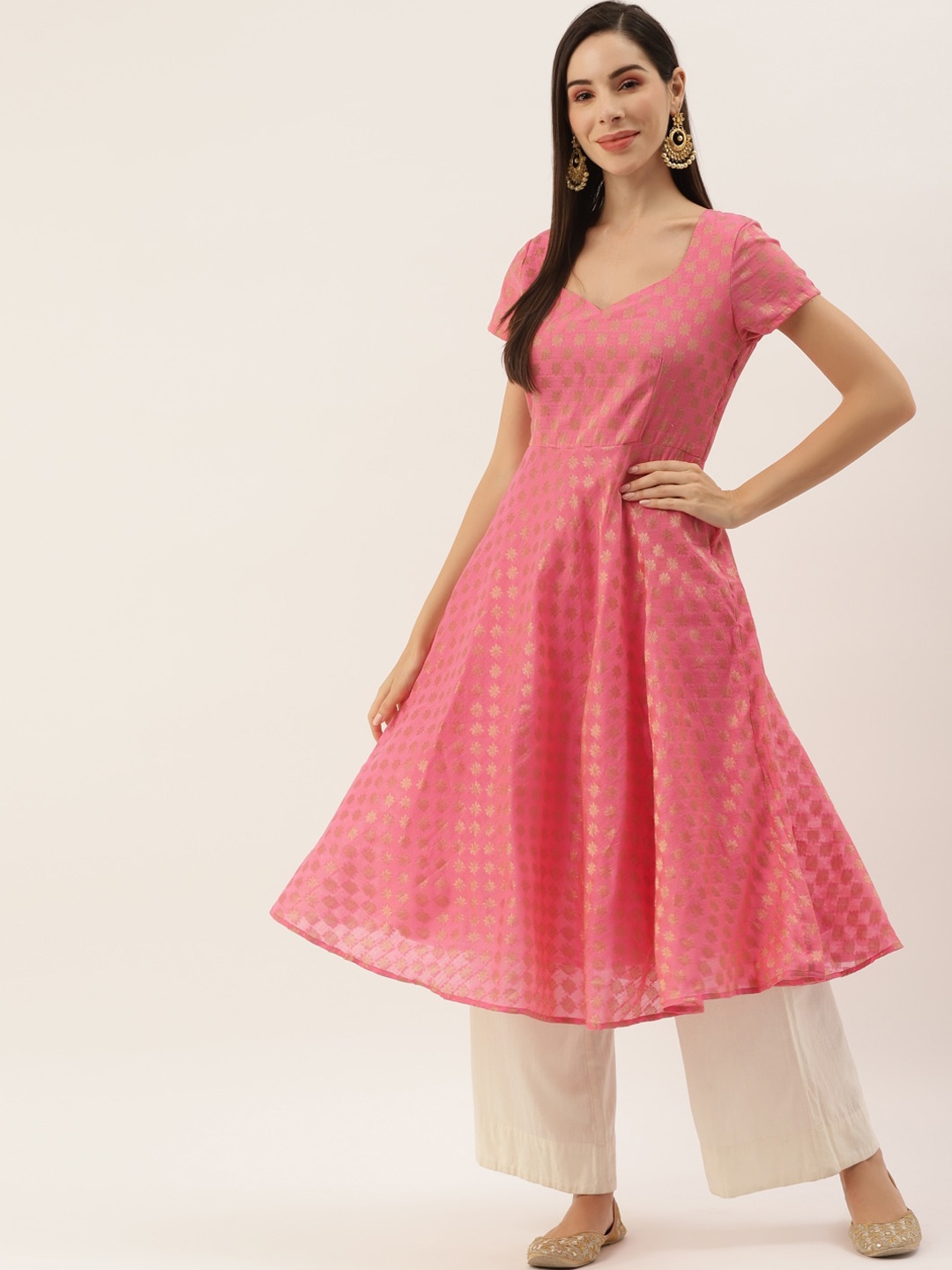 

DIVA WALK V-Neck Ethnic Motifs Woven Design Jacquard Anarkali Kurta, Pink