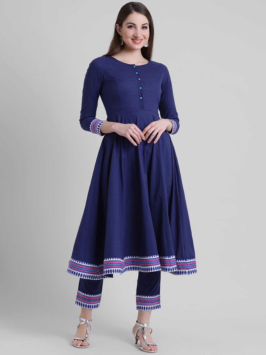 

DIVA WALK Round Neck Pleated A-Line Pure Cotton Kurta, Navy blue