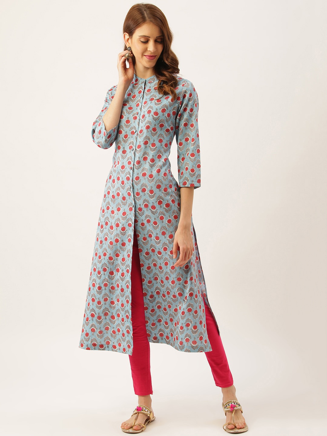 

DIVA WALK Floral Printed Mandarin Collar Pure Cotton Kurta, Blue