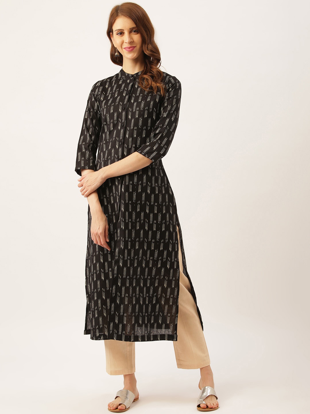 

DIVA WALK Geometric Printed Mandarin Collar Pure Cotton Kurta, Black