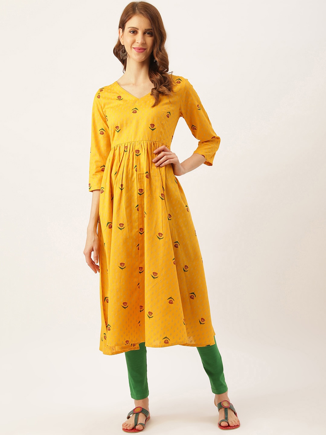 

DIVA WALK V-Neck Floral Printed Pleated Anarkali Cotton Kurta, Yellow
