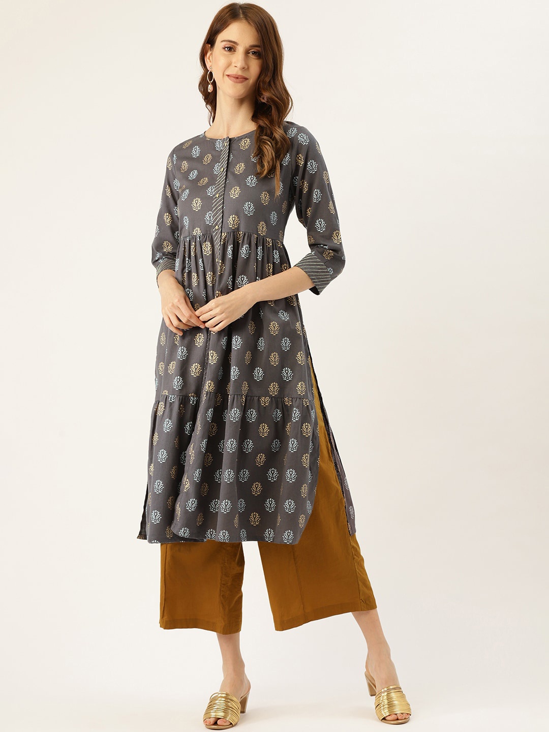 

DIVA WALK Ethnic Motifs Printed Tiered Pleated A-Line Pure Cotton Kurta, Charcoal