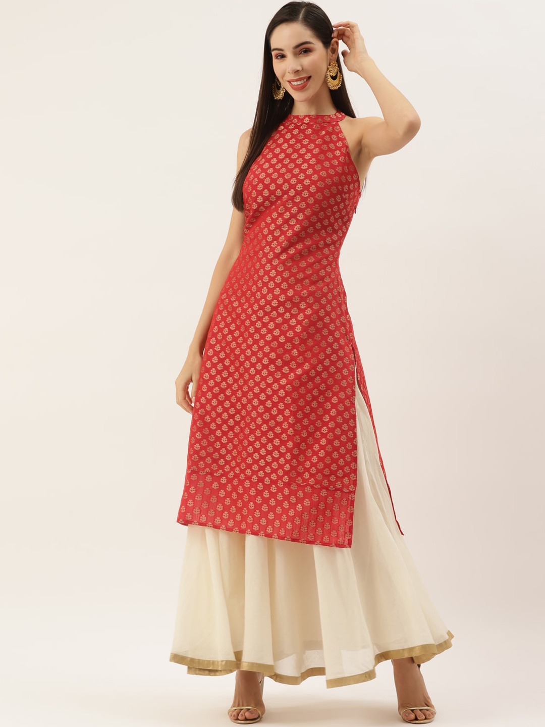 

DIVA WALK Woven Design Halter Neck Jacquard Kurta, Red