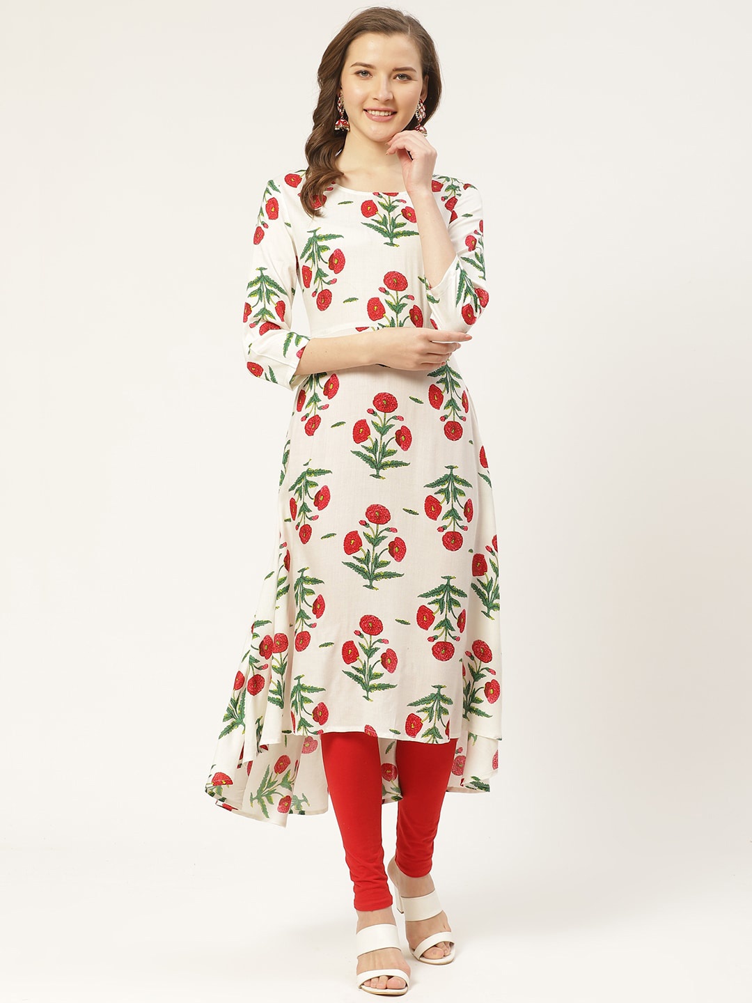 

DIVA WALK Floral Printed Round Neck Pure Cotton Kurta, White