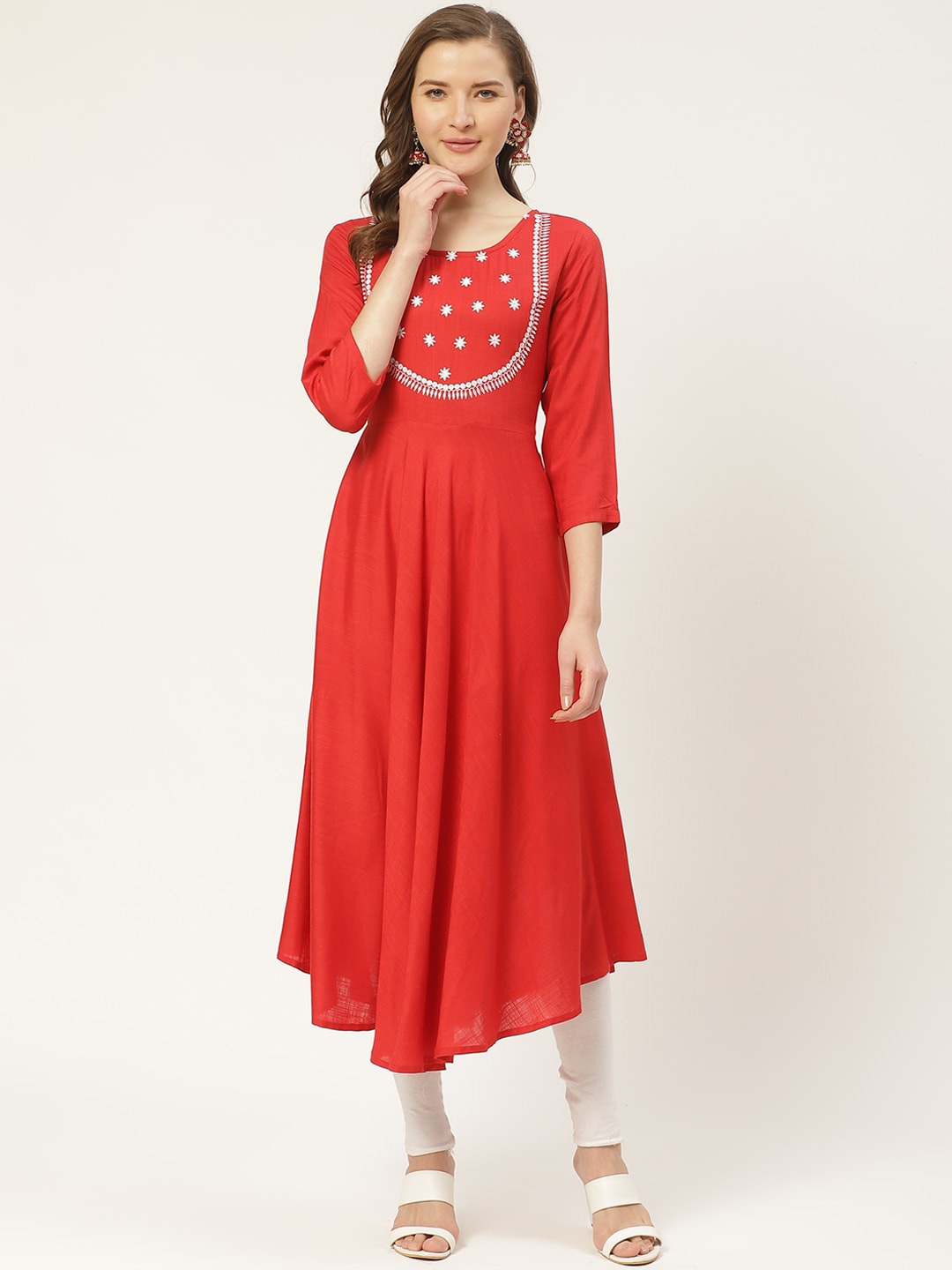 

DIVA WALK Floral Yoke Design Thread Work Pure Cotton Anarkali Kurta, Red