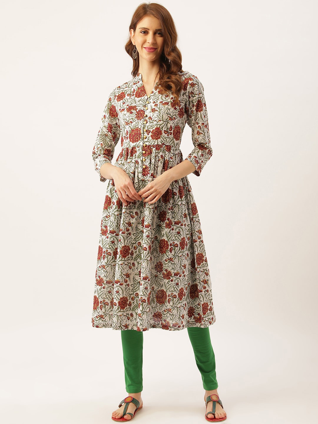 

DIVA WALK V-Neck Floral Printed Pleated Anarkali Cotton Kurta, White