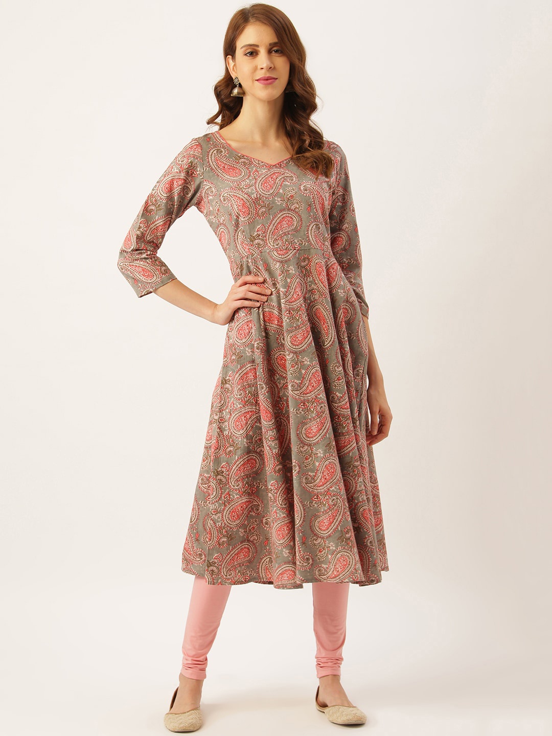 

DIVA WALK Ethnic Motifs Printed Chanderi Silk Anarkali Kurta, Grey