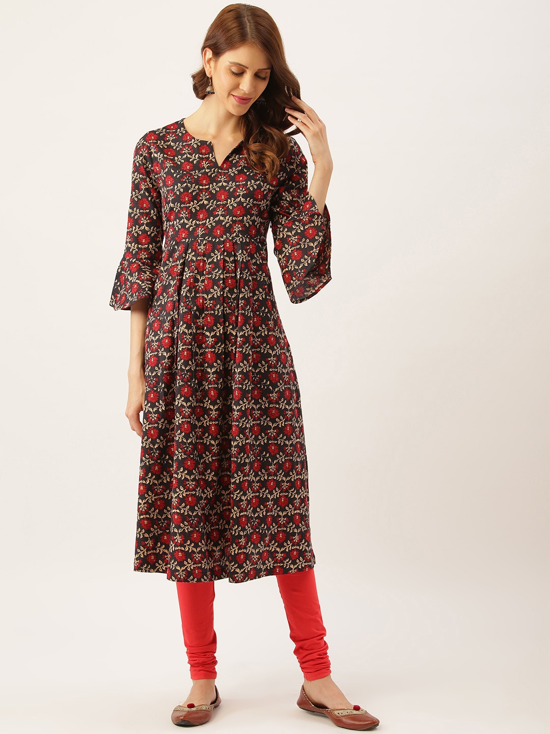 

DIVA WALK Floral Printed Bell Sleeves Pleated A-Line Cotton Kurta, Navy blue