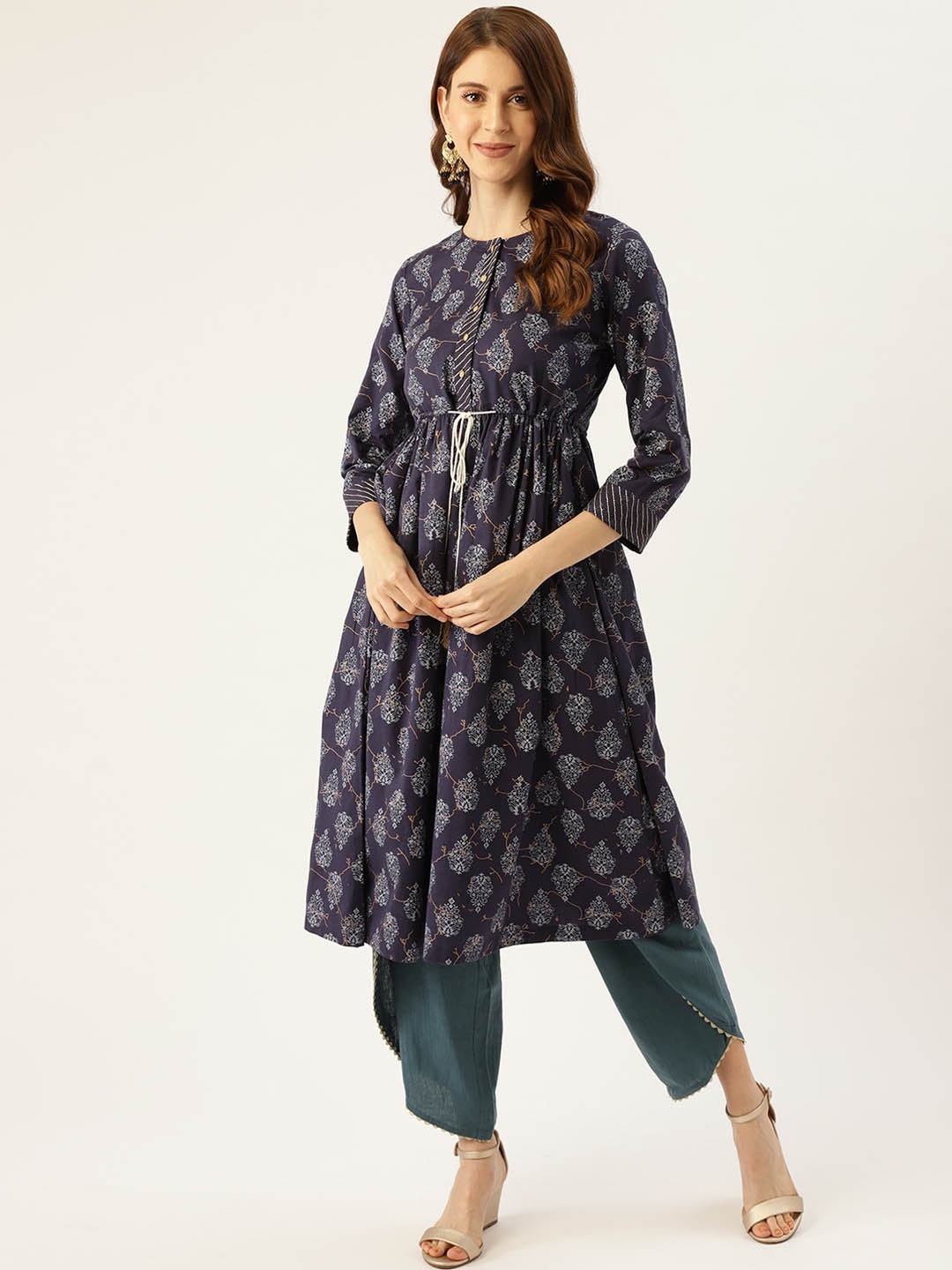 

DIVA WALK Ethnic Motifs Printed Pure Cotton A-Line Kurta, Navy blue