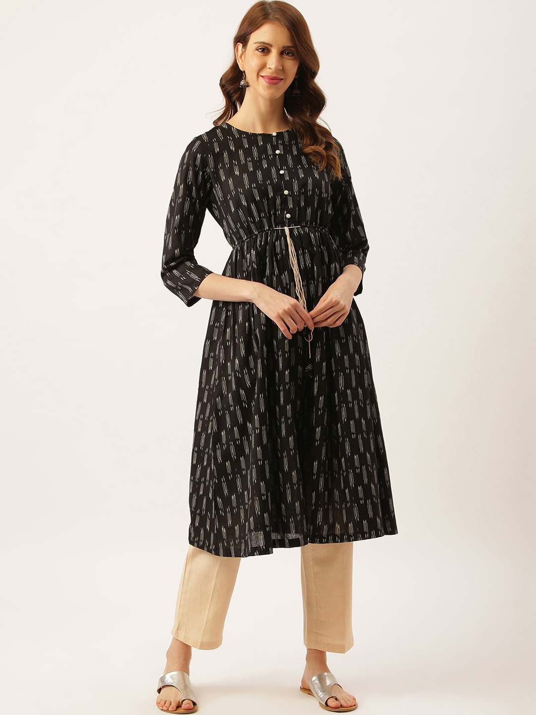 

DIVA WALK Abstract Printed Anarkali Pure Cotton Kurta, Black