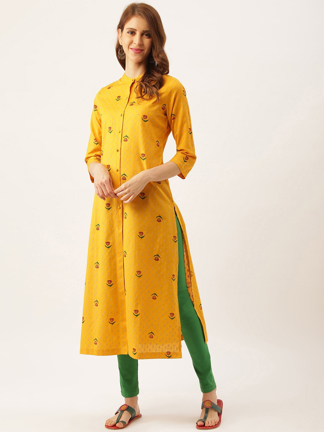 

DIVA WALK Floral Printed Band Collar Pure Cotton Kurta, Yellow