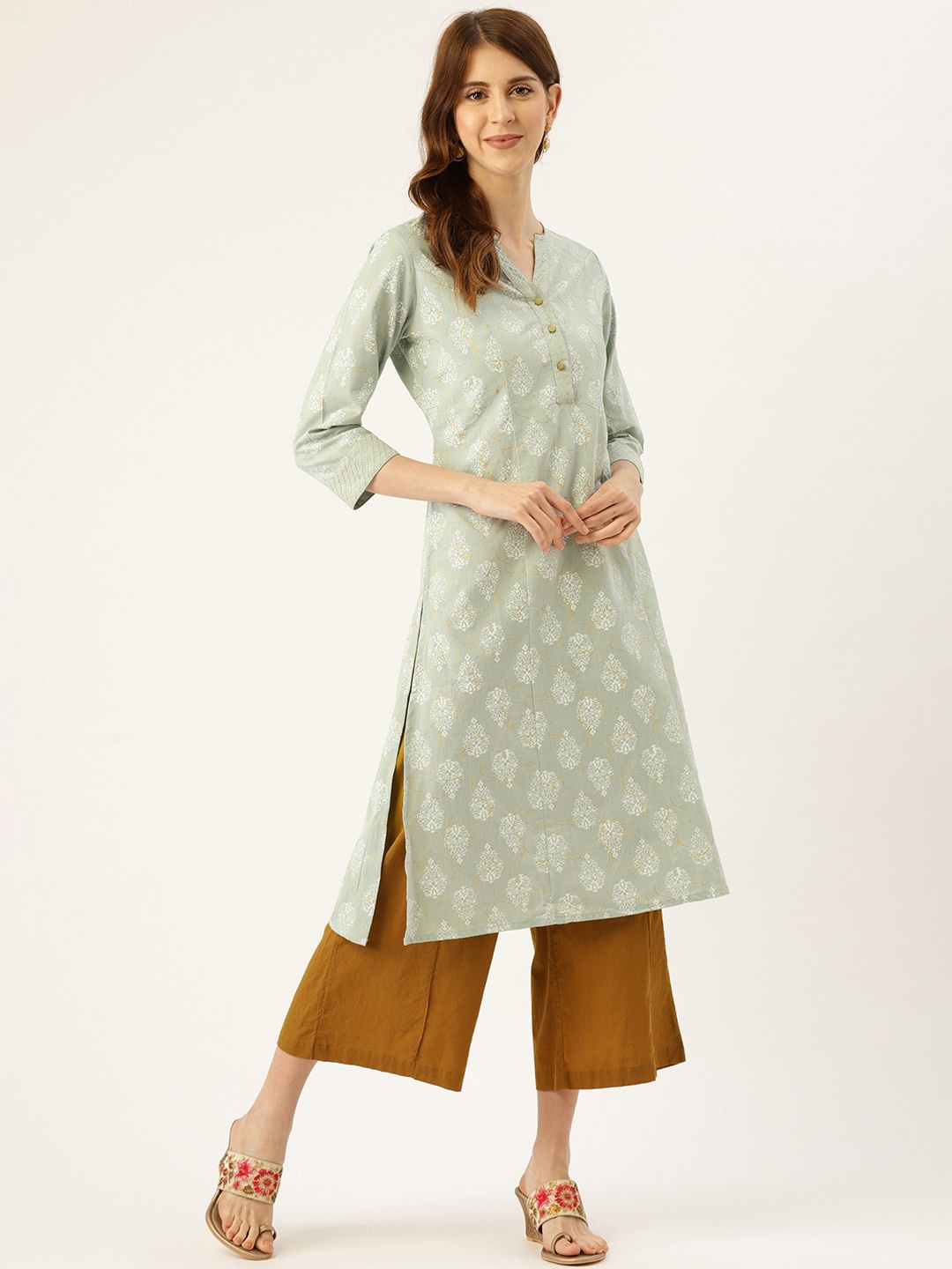 

DIVA WALK Floral Printed Band Collar Pure Cotton Kurta, Green
