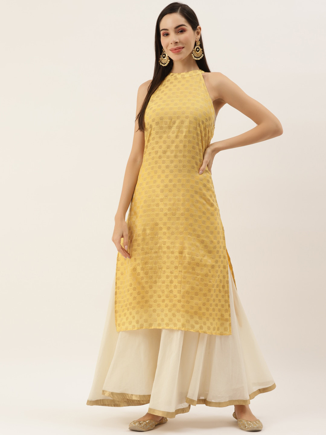 

DIVA WALK Woven Design Halter Neck Jacquard Kurta, Yellow