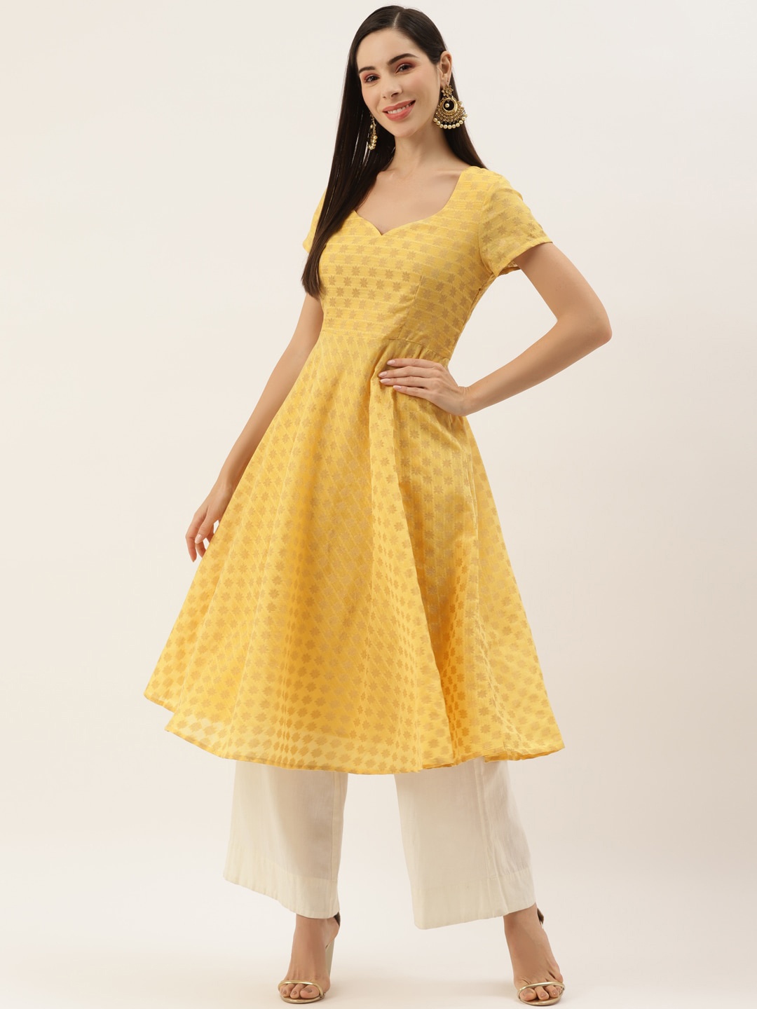 

DIVA WALK Woven Design Sweetheart Neck Jacquard Anarkali Kurta, Yellow