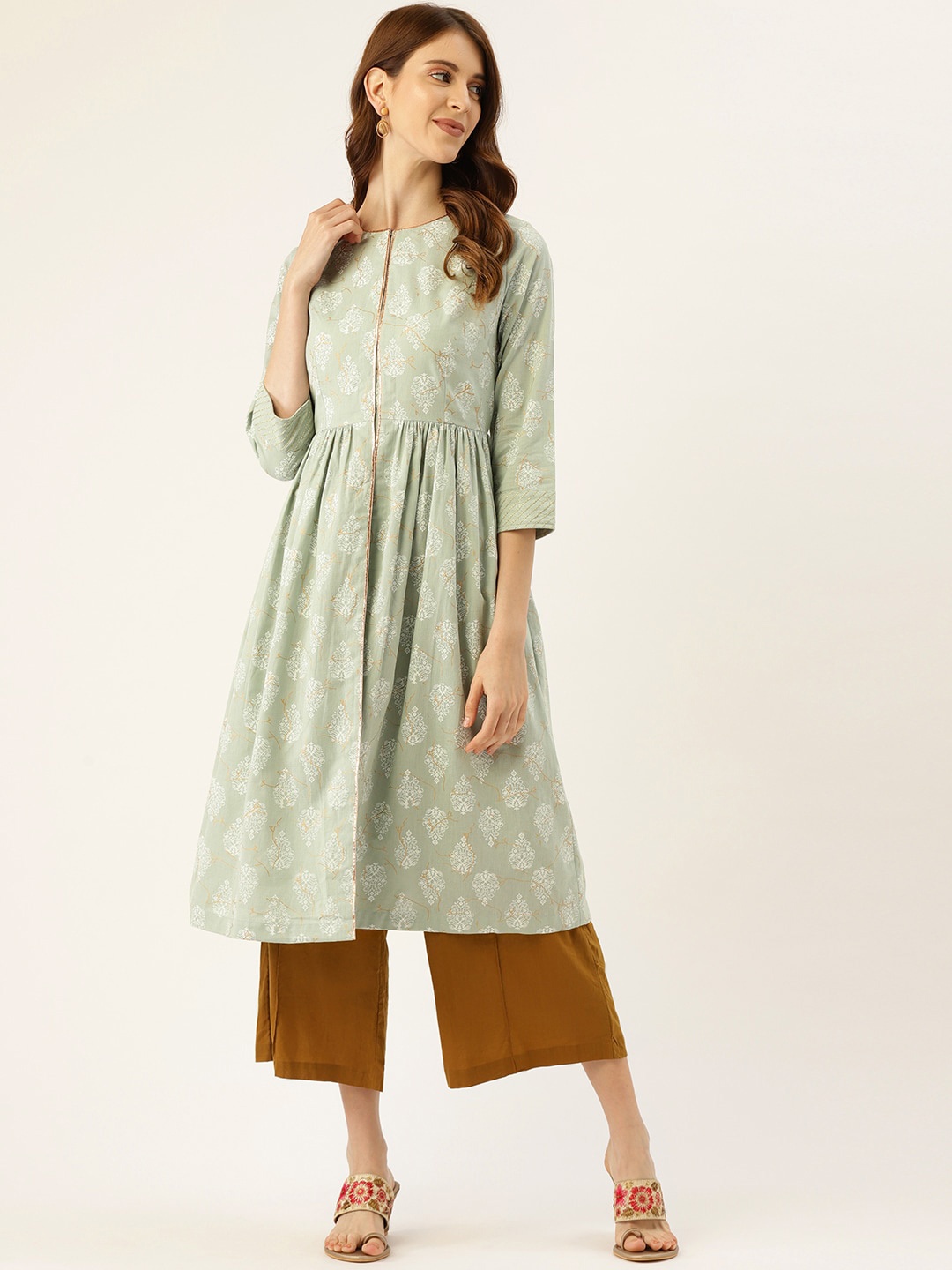 

DIVA WALK Ethnic Motifs Printed A-Line Pure Cotton Kurta, Sea green