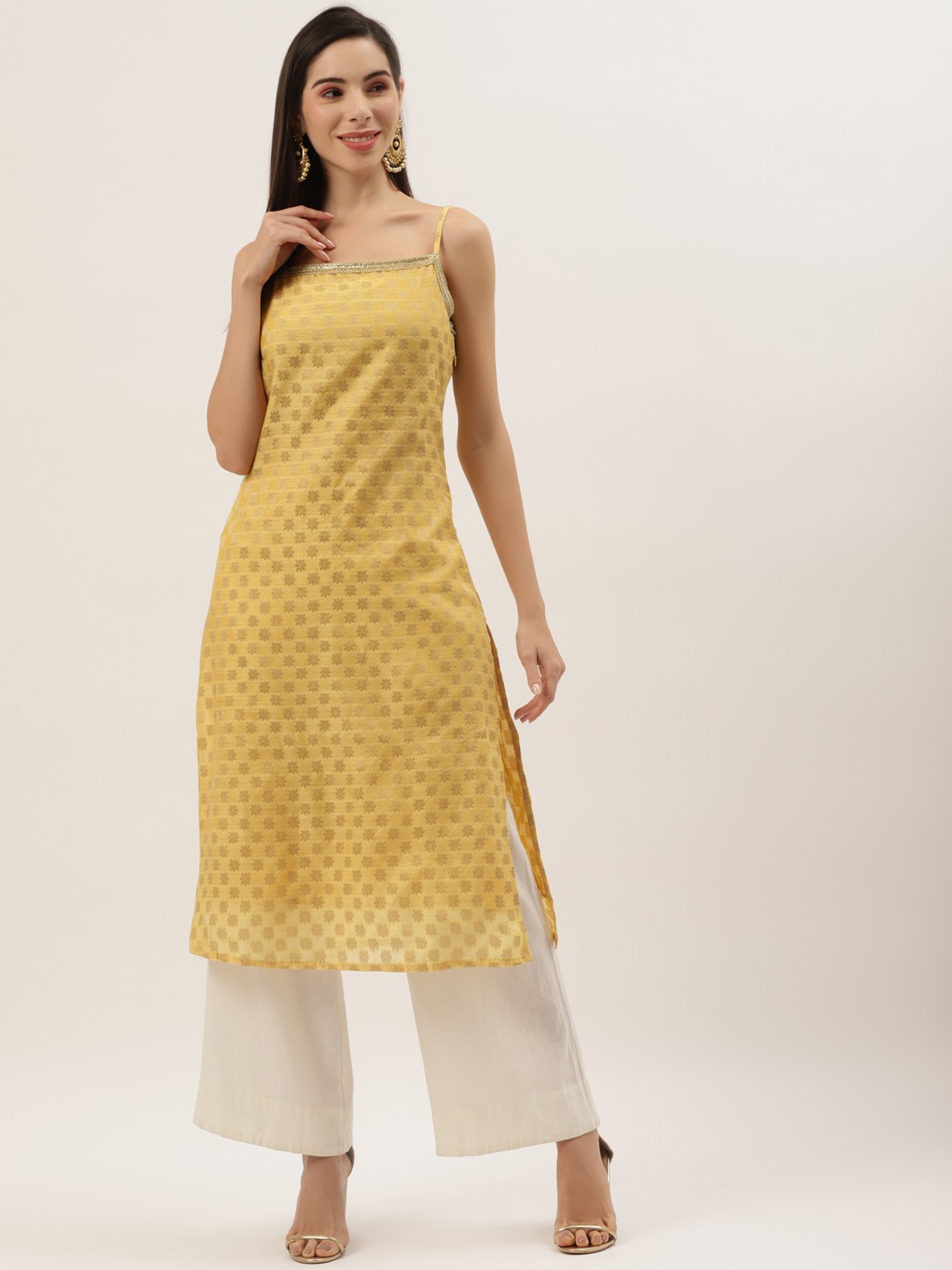 

DIVA WALK Woven Design Shoulder Straps Jacquard Kurta, Yellow
