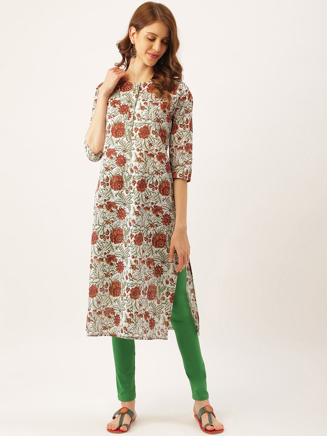 

DIVA WALK Floral Printed Round Neck Pure Cotton Kurta, Maroon