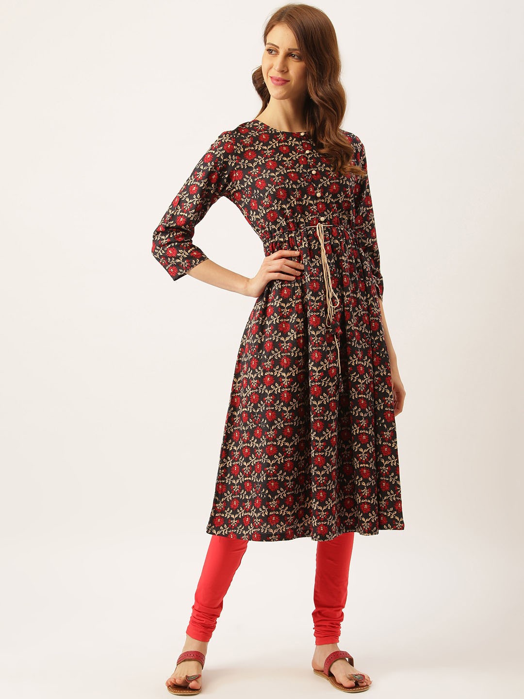 

DIVA WALK Floral Printed Pure Cotton Kurta, Navy blue