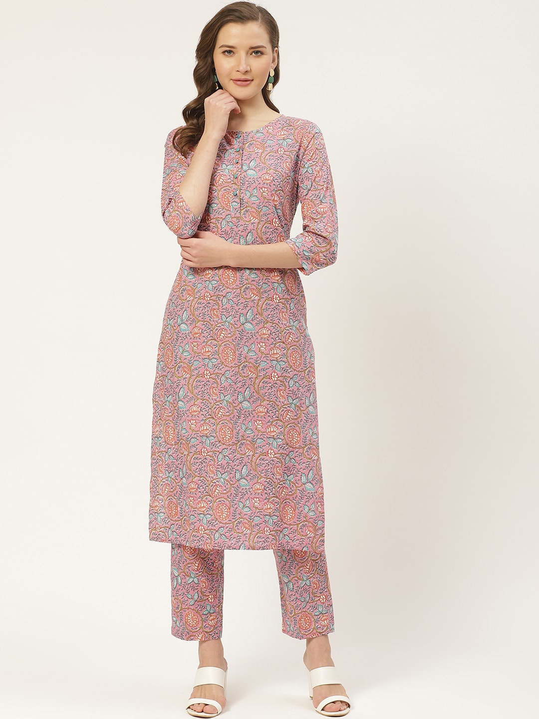 

DIVA WALK Floral Printed Straight Pure Cotton Kurta, Pink