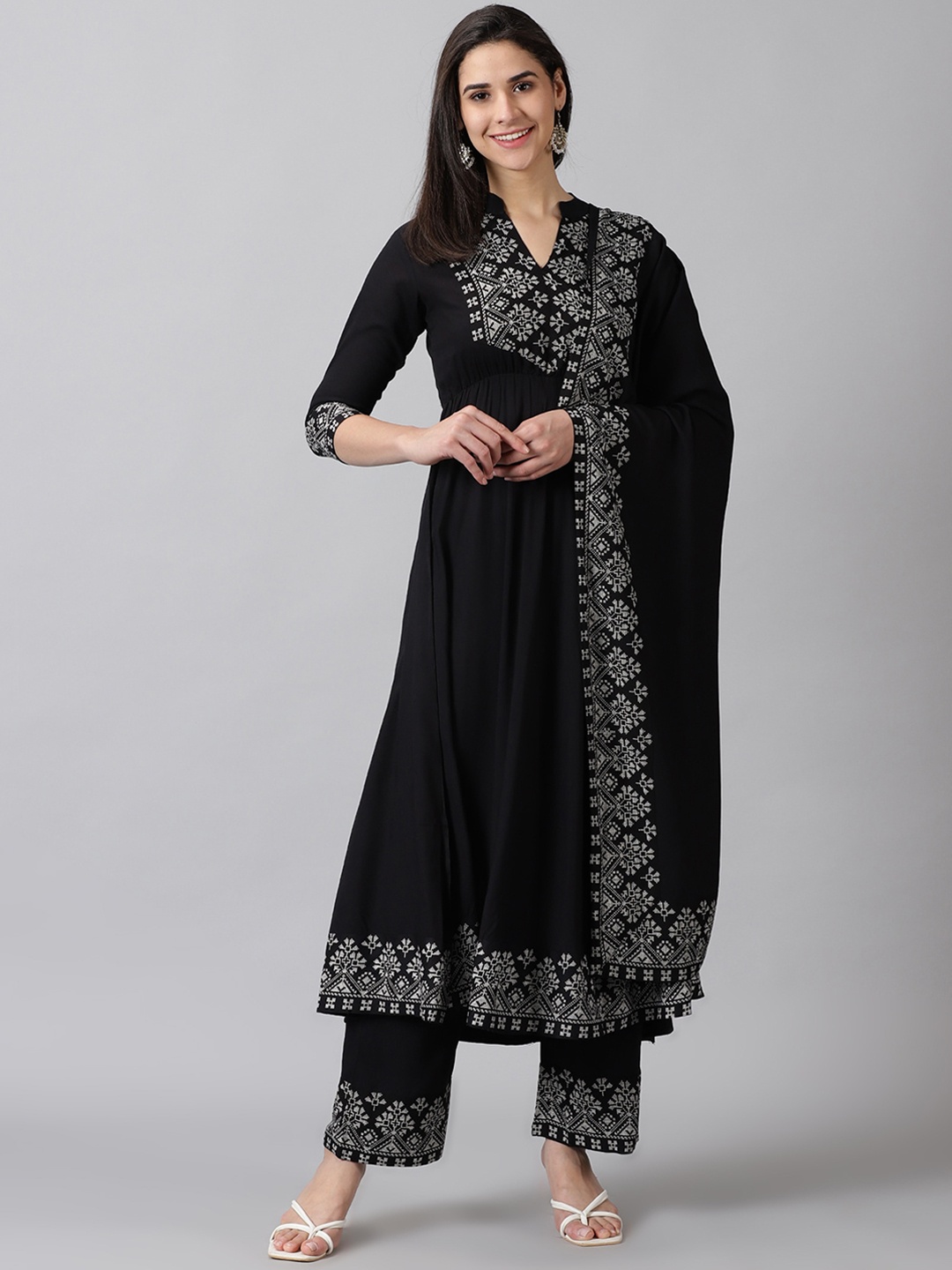 

PURSHOTTAM WALA Ethnic Motifs Printed Kurta with Palazzos & With Dupatta, Black