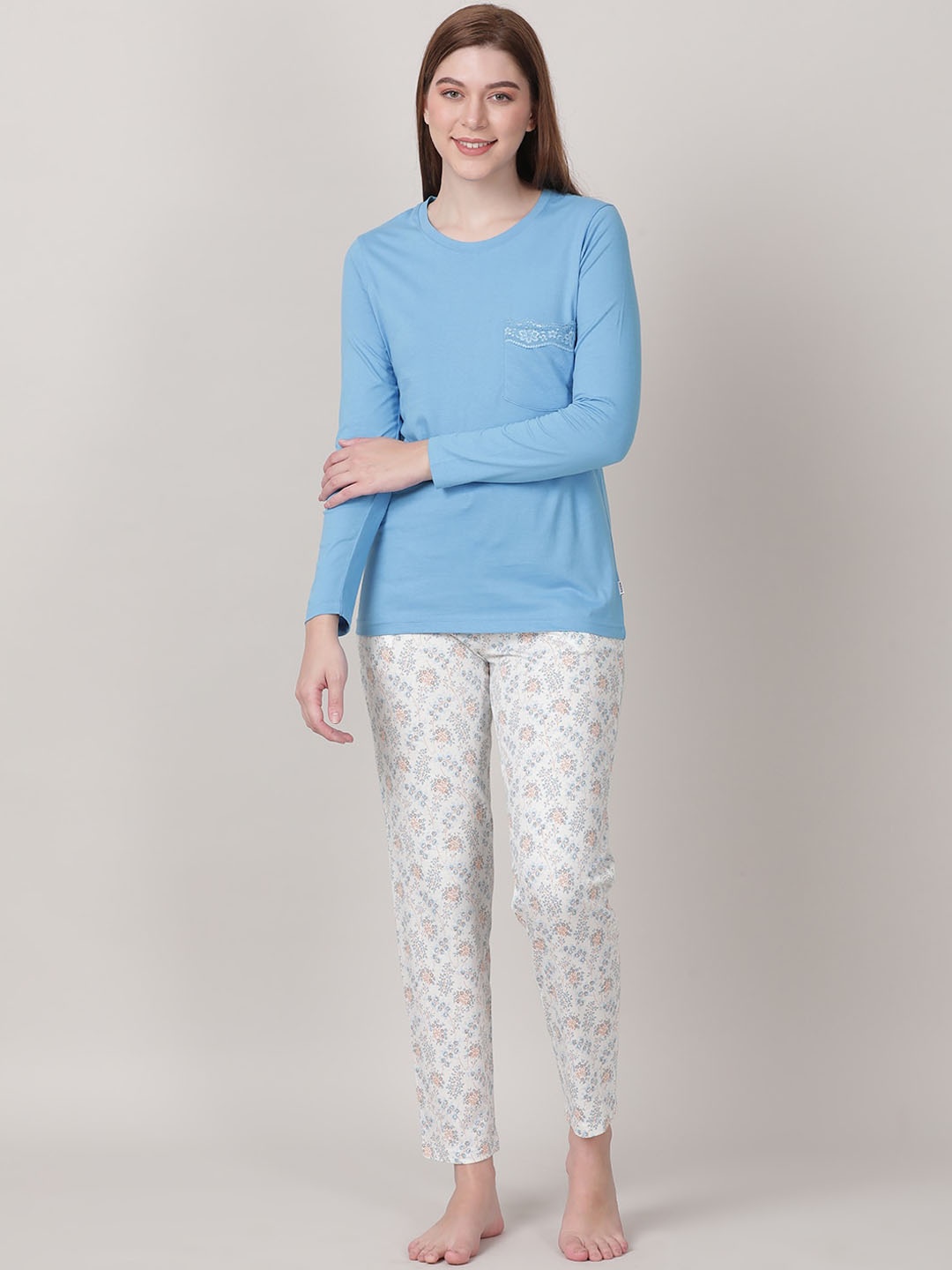 

mackly Floral Printed Pure Cotton Night Suit, Blue
