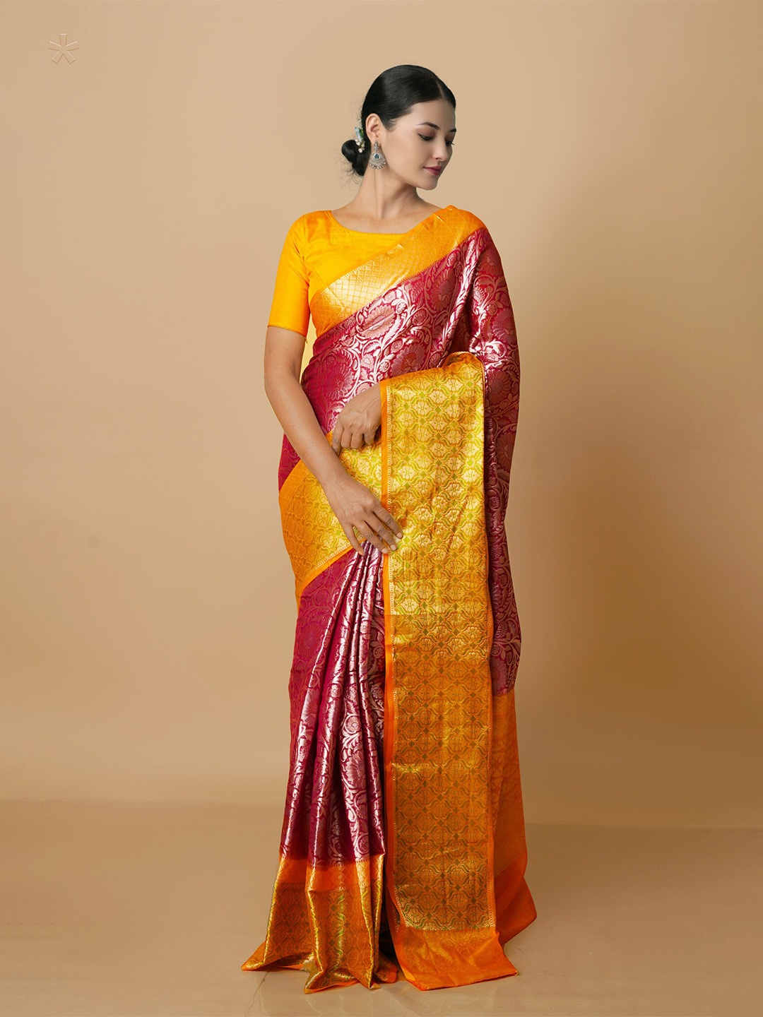 

Unnati Silks Floral Woven Design Zari Silk Blend Banarasi Saree, Pink