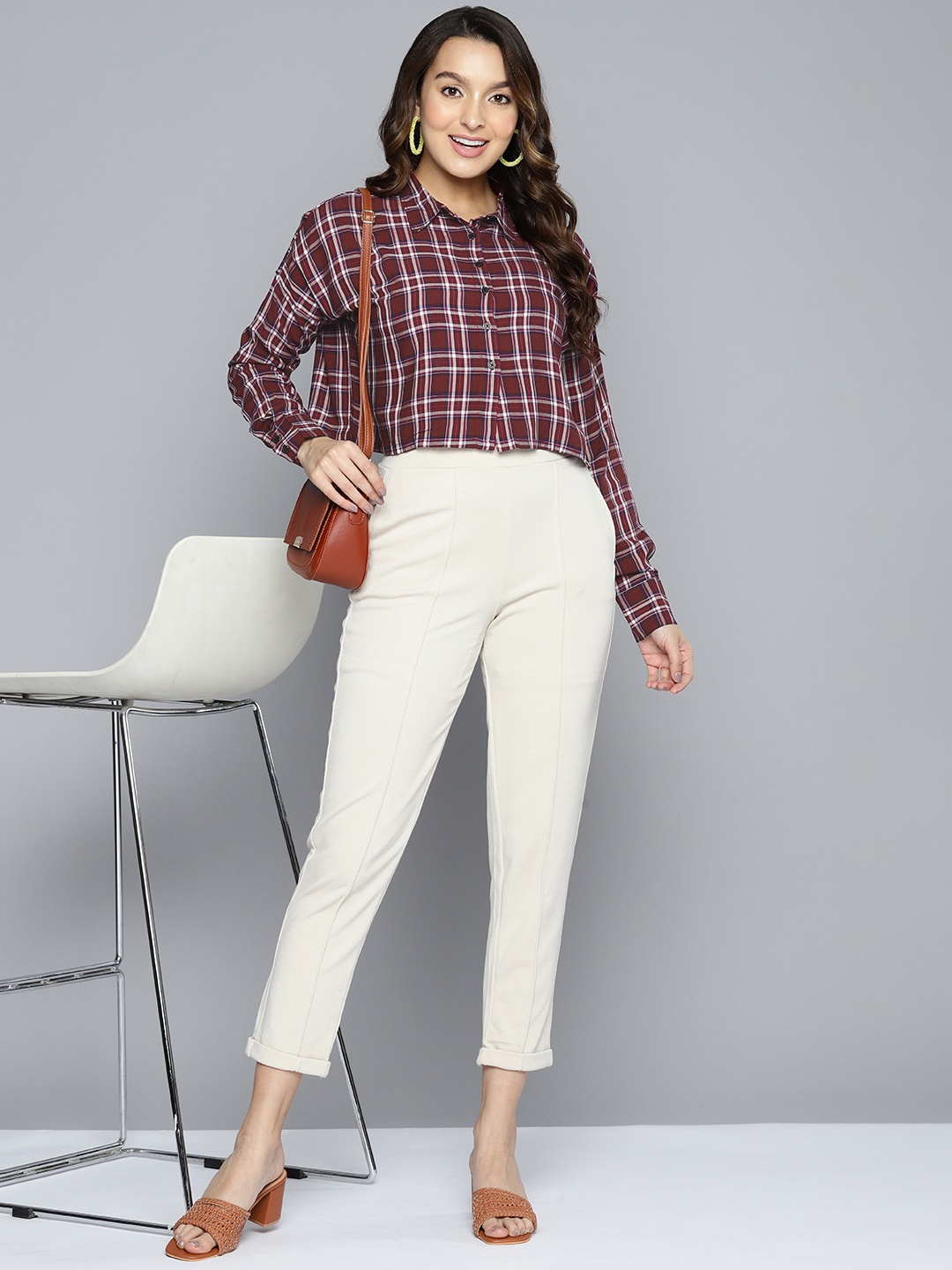 

HERE&NOW Boxy Grid Tattersall Checks Crop Casual Shirt, Multi
