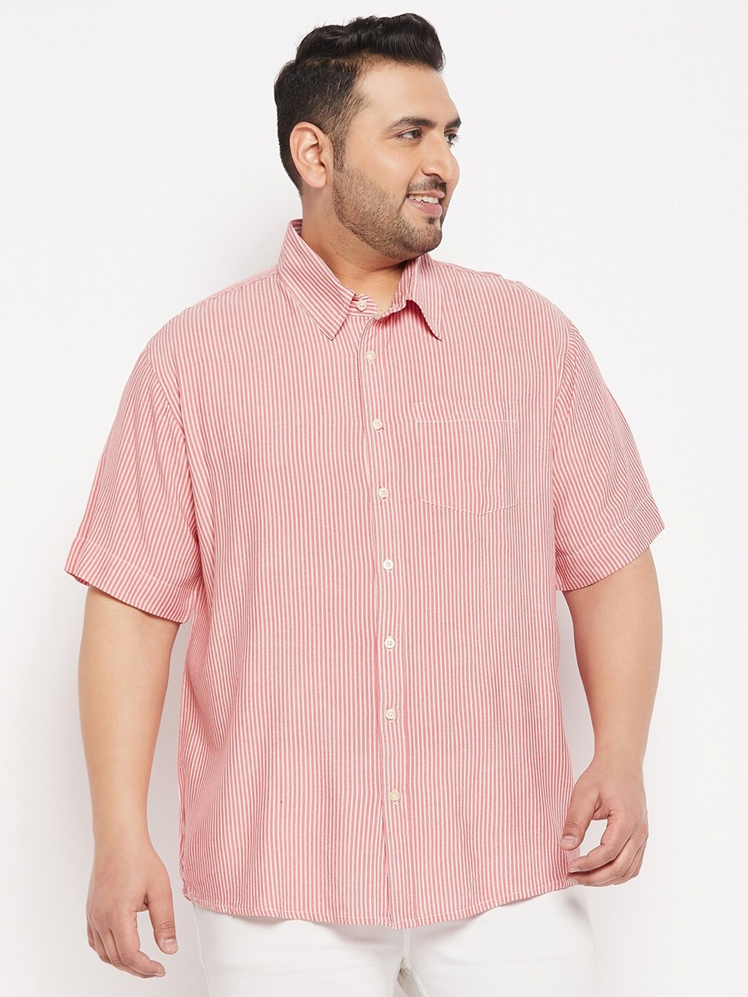 

bigbanana Plus Size Vertical Striped Pure Cotton Casual Shirt, Pink