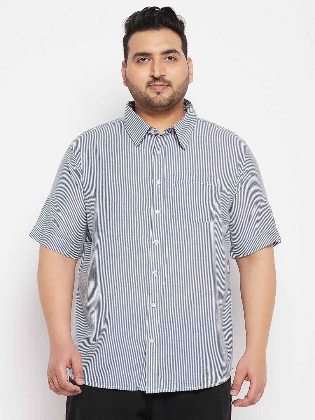 

bigbanana Plus Size Vertical Striped Pure Cotton Casual Shirt, Blue
