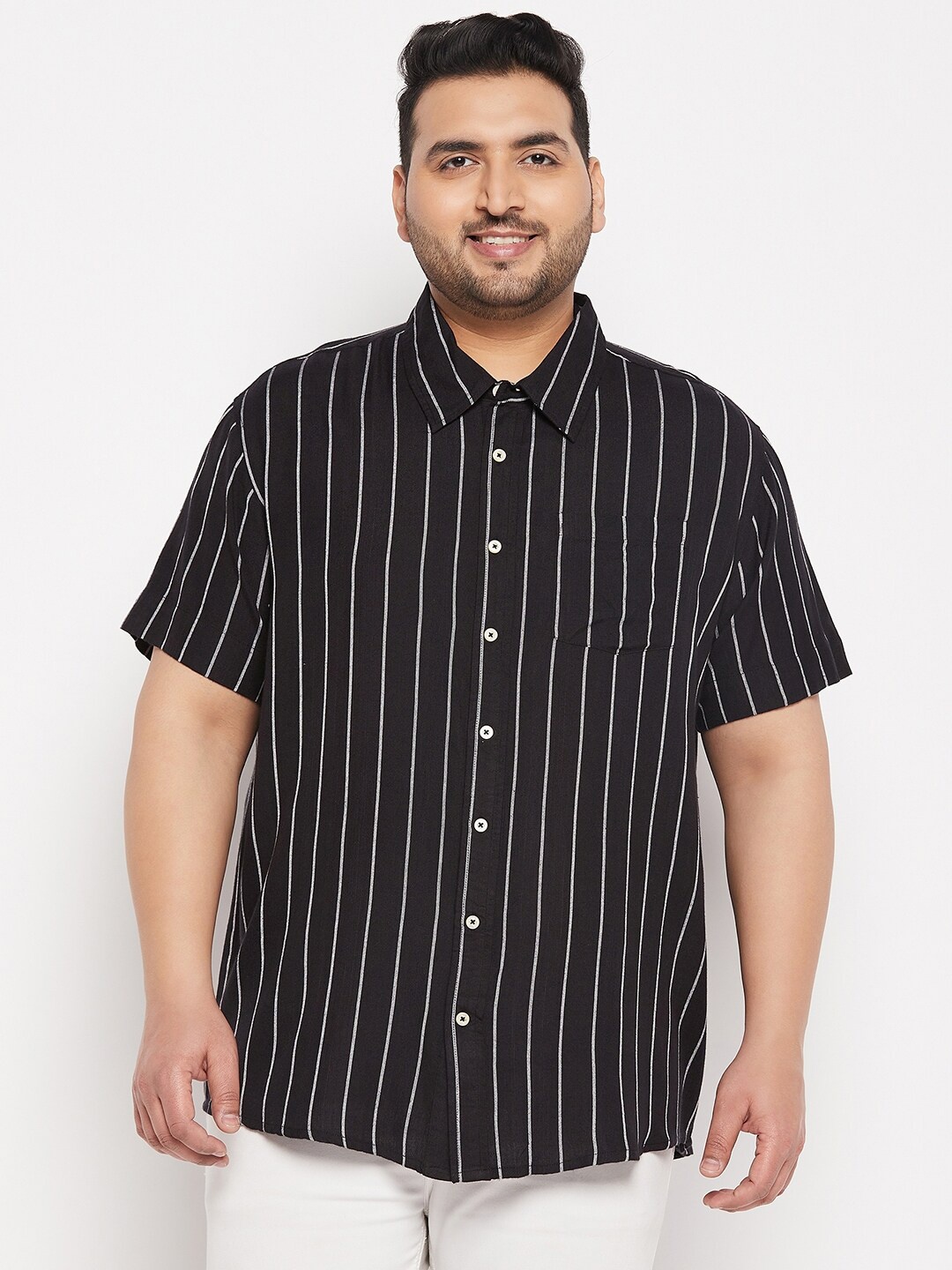 

bigbanana Plus Size Vertical Striped Pure Cotton Casual Shirt, Black