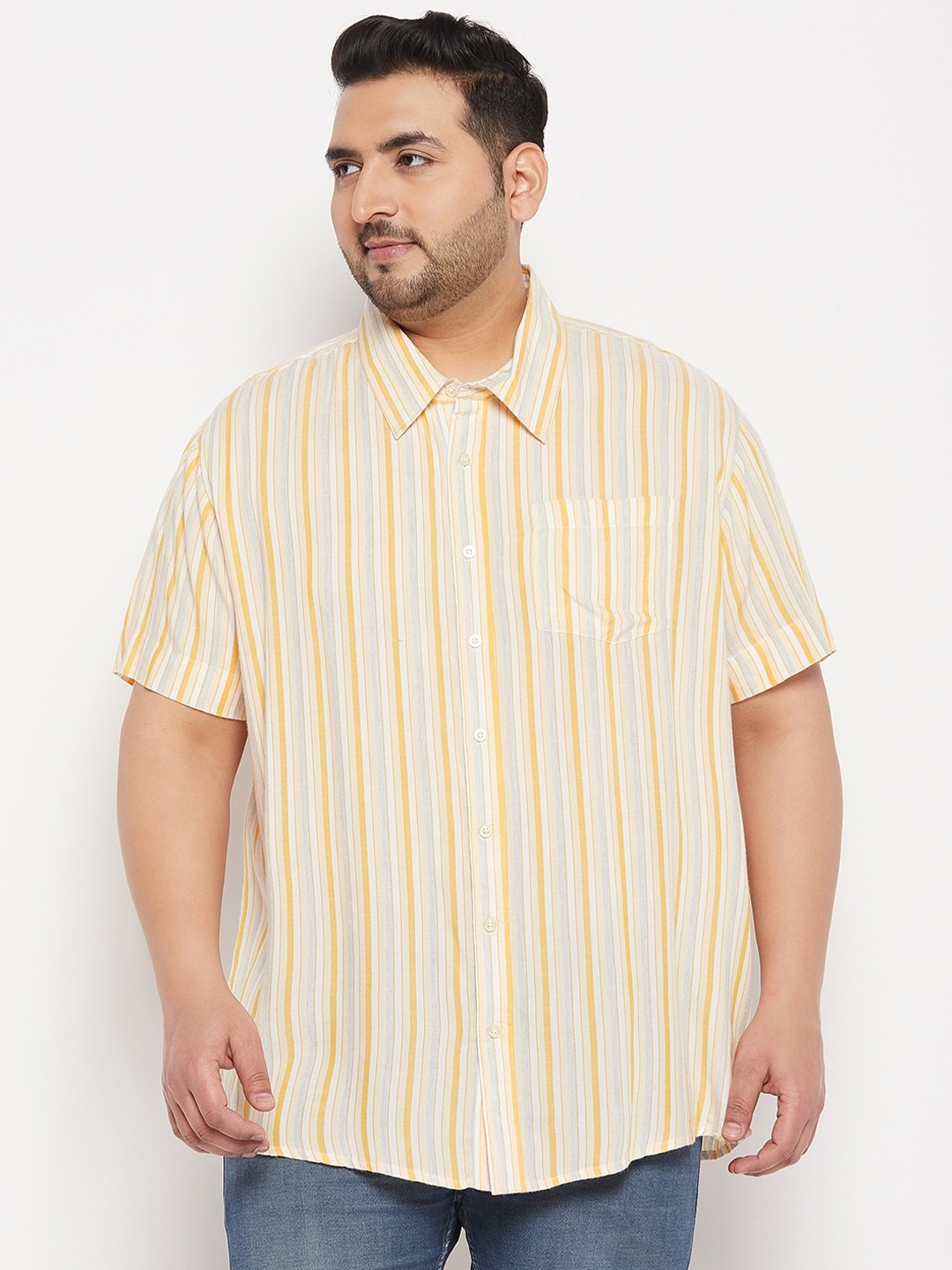 

bigbanana Plus Size Vertical Striped Pure Cotton Casual Shirt, Yellow