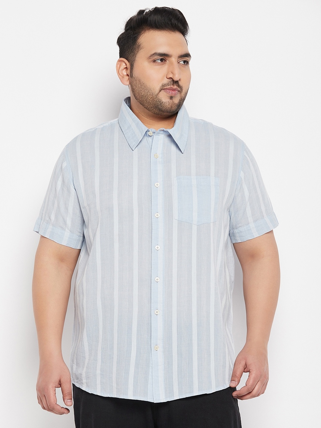 

bigbanana Plus Size Vertical Striped Pure Cotton Casual Shirt, Blue