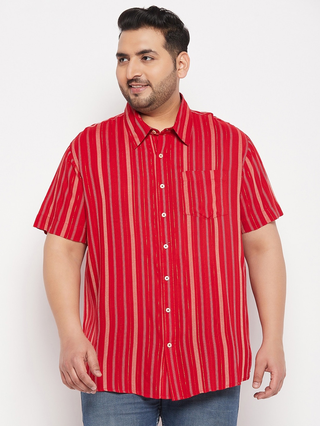 

bigbanana Plus Size Vertical Striped Pure Cotton Casual Shirt, Red