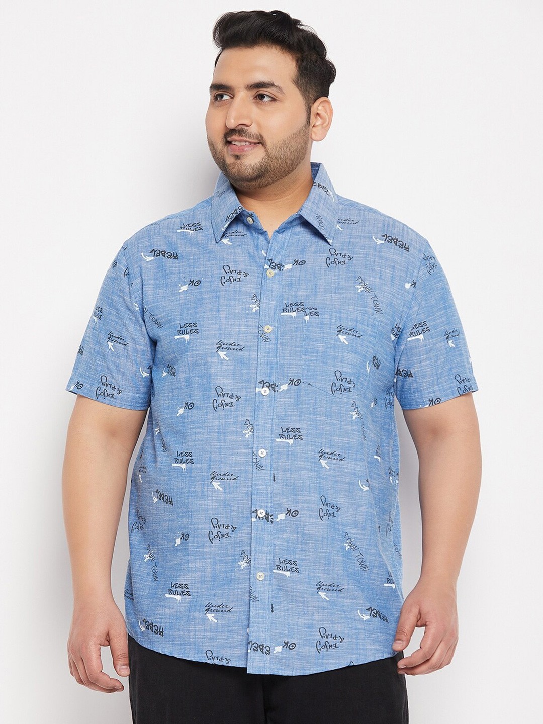 

bigbanana Plus Size Typography Printed Pure Cotton Casual Shirt, Blue