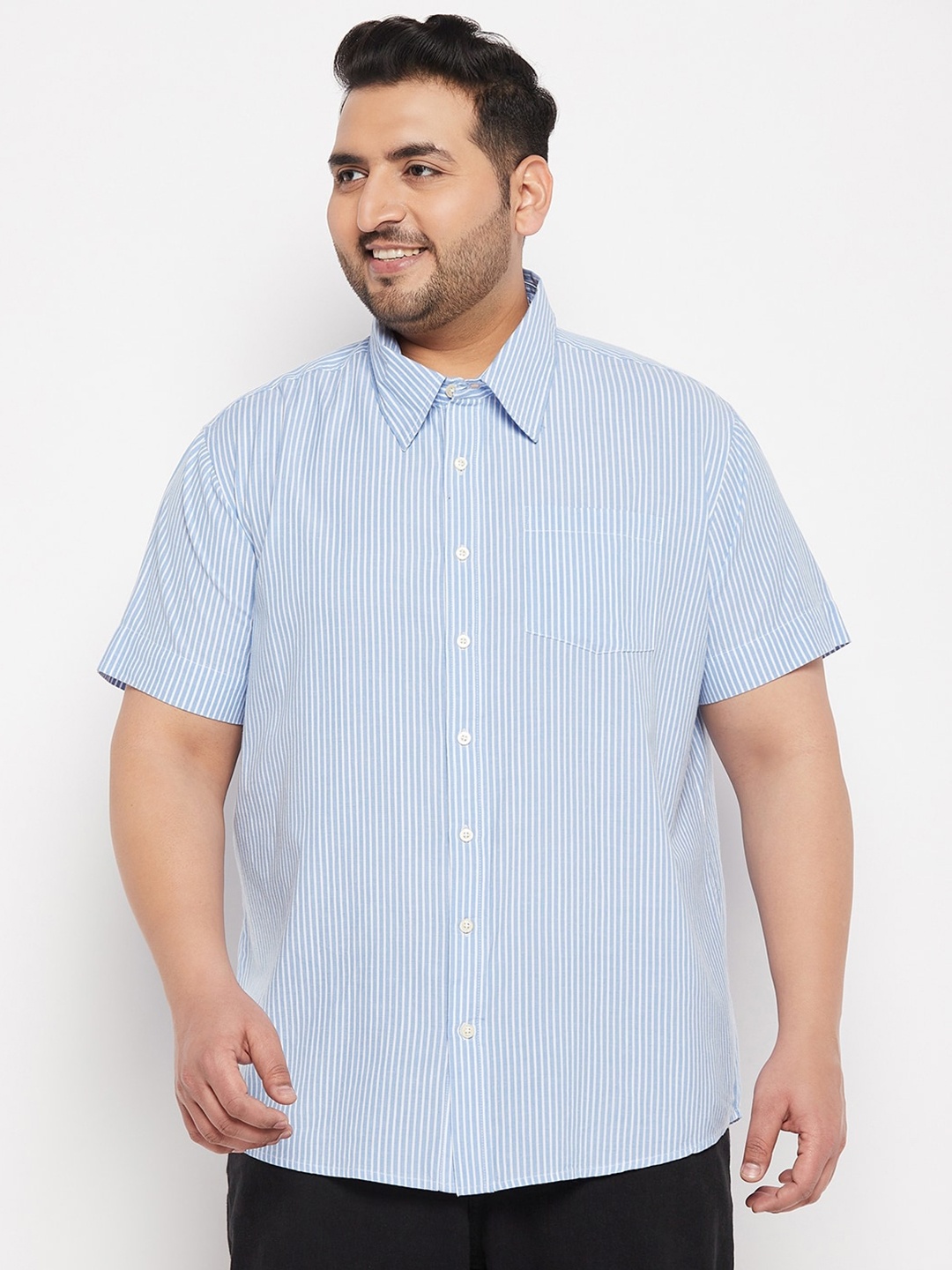 

bigbanana Plus Size Vertical Striped Pure Cotton Casual Shirt, Blue