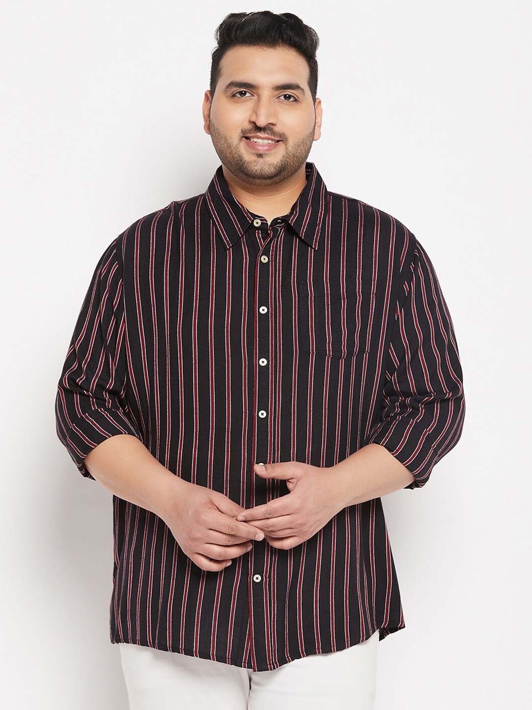 

bigbanana Plus Size Vertical Striped Pure Cotton Casual Shirt, Black