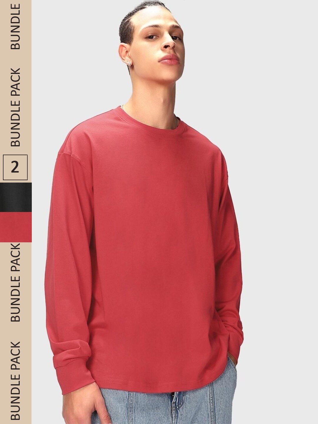 

Bewakoof Pack of 2 Long Sleeves Cotton Oversized Fit T-shirts, Black