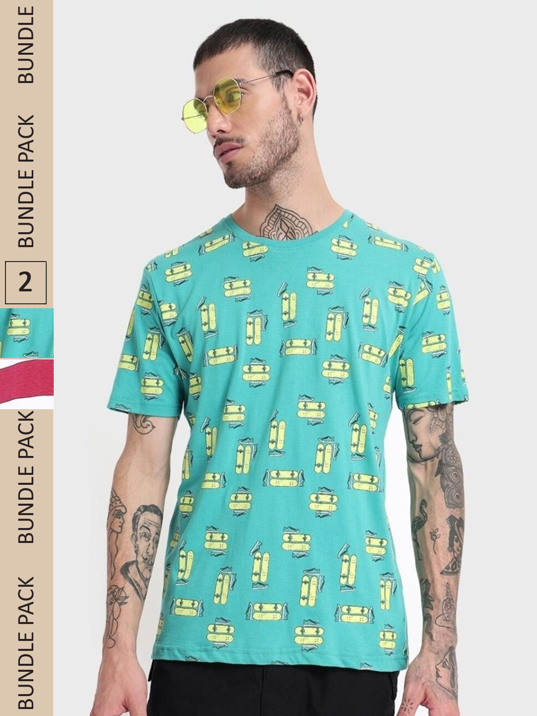 

Bewakoof Pack of 2 Graphic Printed Cotton T-shirt, Sea green
