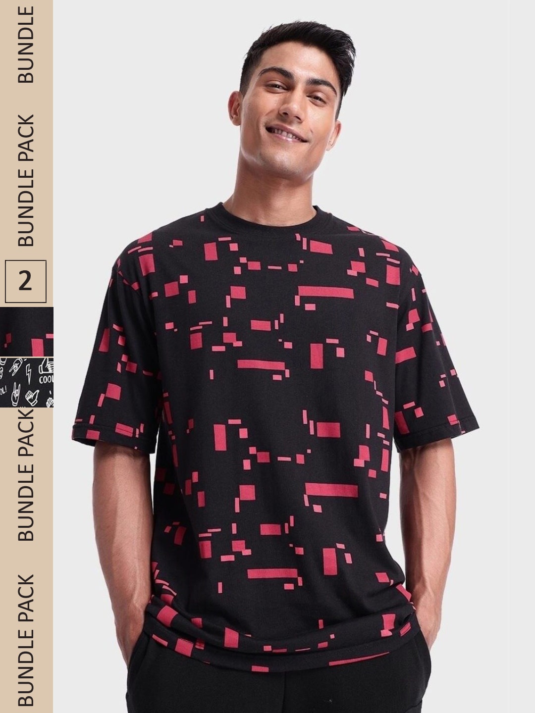 

Bewakoof Pack Of 2 2 Printed Loose Cotton T-shirt, Black