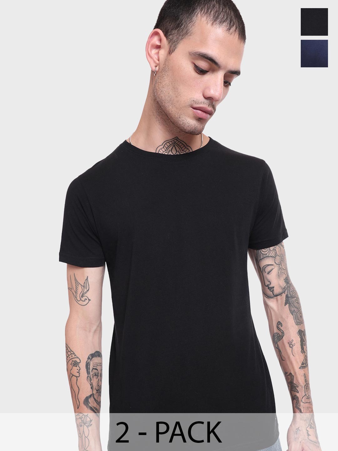 

Bewakoof Black and Blue Pack of 2 Regular Fit Cotton T-shirts