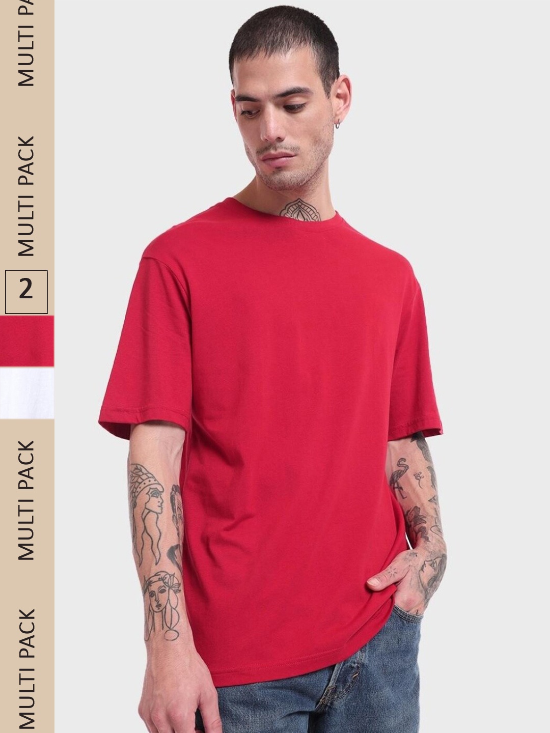 

Bewakoof Pack Of 2 Round Neck Oversized Fit Cotton T-shirt, Red