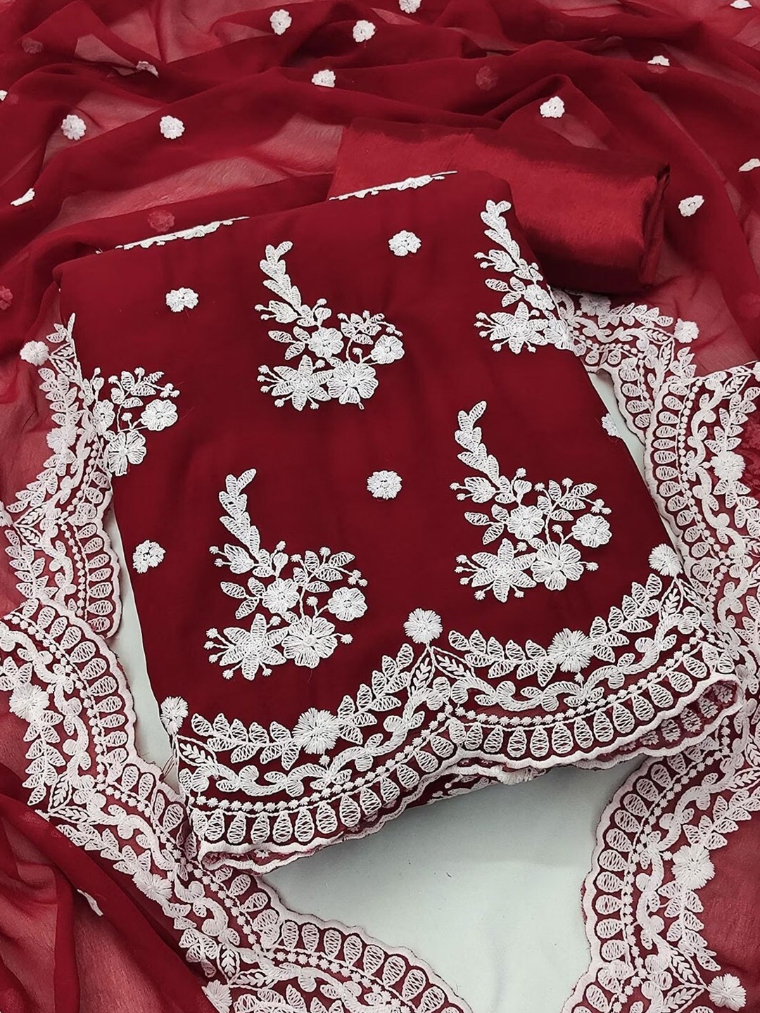 

KALINI Floral Embroidered Unstitched Dress Material, Red