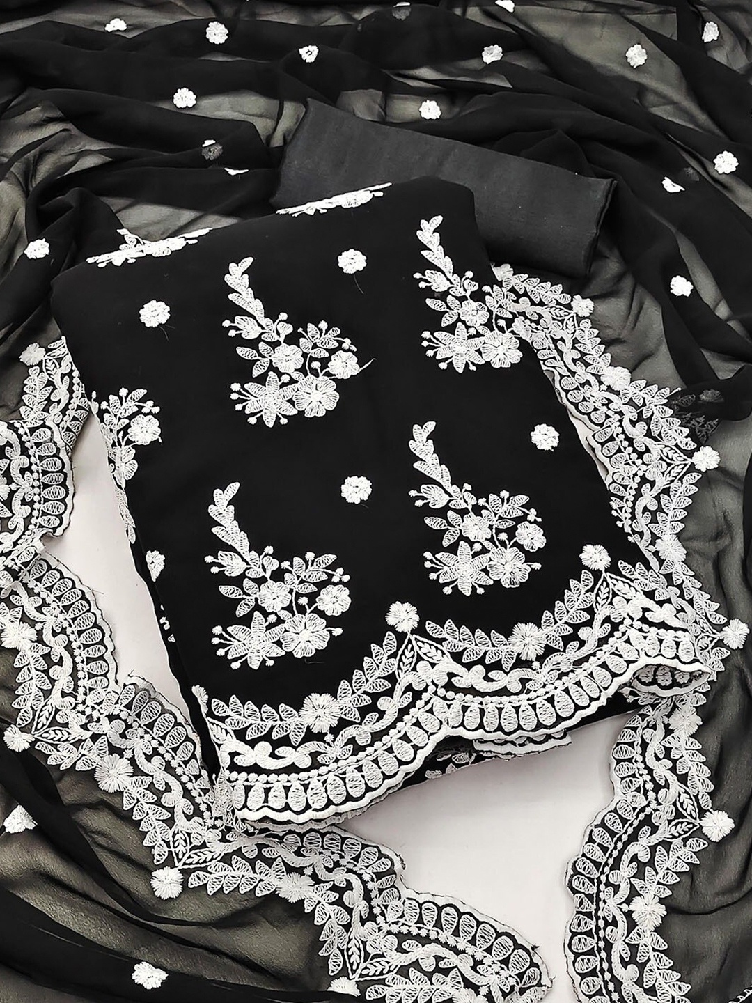 

KALINI Floral Embroidered Unstitched Dress Material, Black