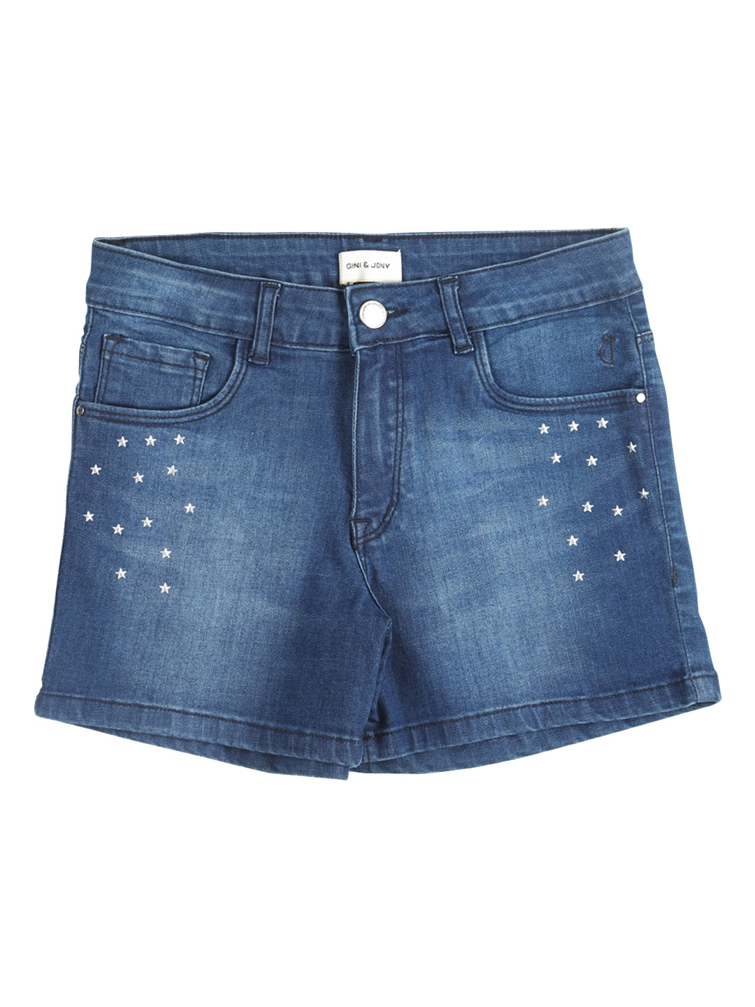 

Gini and Jony Girls Washed Denim Mid-Rise Shorts, Blue
