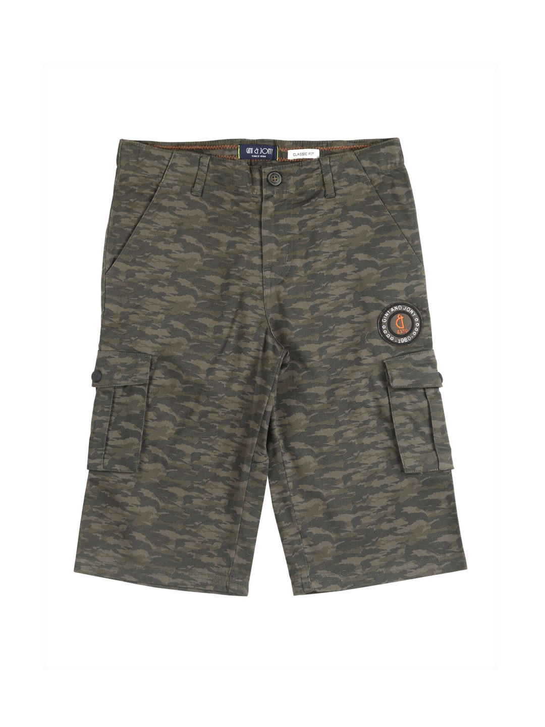 

Gini and Jony Boys Camouflage Printed Cotton Cargo Shorts, Olive