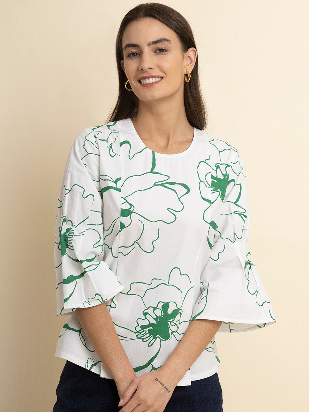 

FableStreet Floral Print Pure Cotton Top, White